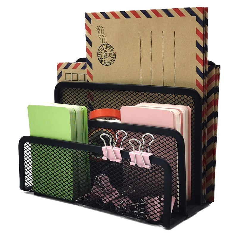 EASEPRES Desk Mail Organizer  Office Small Desktop Metal Mesh Envelope Letter Sorter Paper File Holder Organizer with 3 Vertical Upright Compartments  Black 1 Pack - Image 4